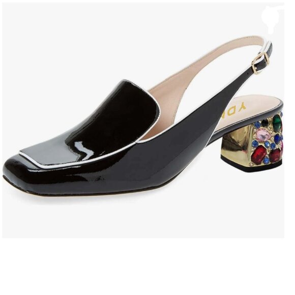 YDN Shoes - YDN Black Colorful Rhinestone Block Low Heels Square Toe Pump Office Lady Shoe